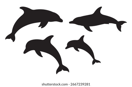 conjunto de vetor de silhueta preto e branco de golfinhos