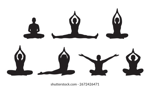 black and white silhouette vector set of fitness poses, isolated on white