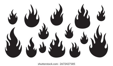 black and white silhouette vector set of fire and flames, isolated on white