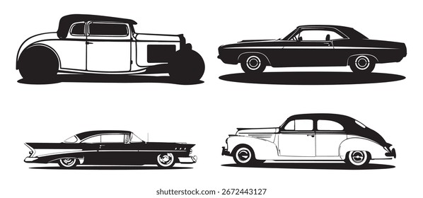 black and white silhouette vector set of vintage cars
