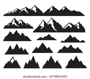 Conjunto de Vector de silueta en blanco y negro de montañas y colinas