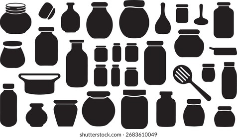conjunto de vetor de silhueta preto e branco de enlatados e potes de preservação