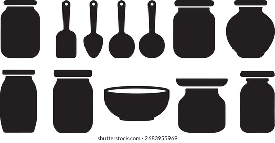 black and white silhouette vector set of canning and preserving pots