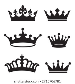 Conjunto de Vector de silueta en blanco y negro de coronas de reina aisladas sobre fondo blanco