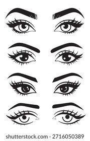 Conjunto de Vector de silueta blanco y negro de ojos femeninos aislados sobre fondo blanco