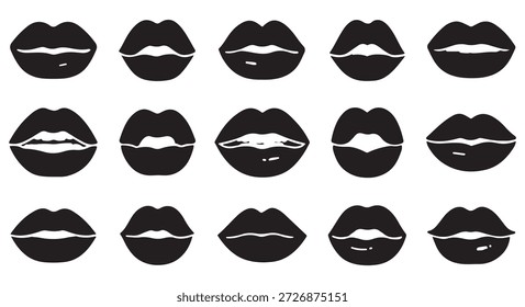 Conjunto de Vector de silueta en blanco y negro de labios o beso aislado sobre fondo blanco