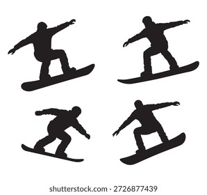 schwarz-weiße Silhouette, Vektorsatz von Snowboards auf weißem Hintergrund