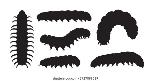 conjunto de vetor de silhueta preto e branco do inseto da lagarta no fundo branco