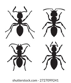 Conjunto de Vector de silueta en blanco y negro de hormiga forestal grande sobre fondo blanco