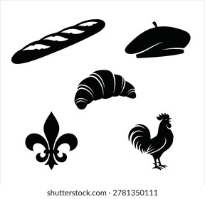black and white silhouette vector set of french traditional  things