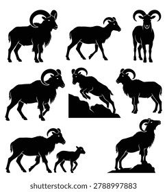 Black and white silhouette vector set of Aoudad Sheep