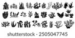 Black and white silhouette vector of underwater plants. Featuring marine reef flora, including seaweed and algae. Isolated aquatic life elements for various designs.