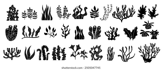 Black and white silhouette vector of underwater plants. Featuring marine reef flora, including seaweed and algae. Isolated aquatic life elements for various designs.