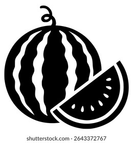 Vetor de silhueta preto e branco de melancia inteira e fatiada. Ótimo para impressões com temas de comida, logotipos e ilustrações de verão.