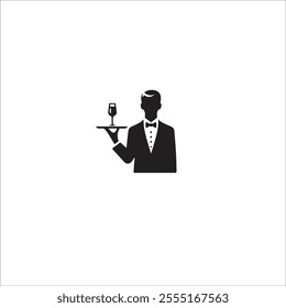 Black and white silhouette of a waiter wearing a bow tie, holding a tray with a wine glass. Perfect for concepts of hospitality, service, and luxury dining experiences.