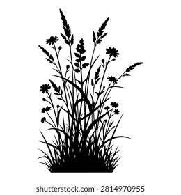 Black and white silhouette of wild grass and flowers, showcasing natural flora in a detailed and artistic manner.