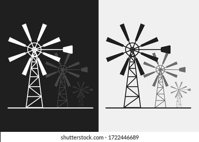 Black and white silhouette windmill alternative and renewable energy icon flat style illustration