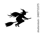 Black and white silhouette of a witch flying on a broom.vector illustration