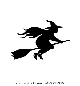 Black and white silhouette of a witch flying on a broom.vector illustration