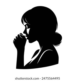 Black and white silhouette of a woman coughing into her hand to prevent spreading germs.