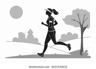 A black and white silhouette of a woman jogging outdoors in athletic clothes on a sunny day. With a focused expression and natural movement, set in a park or urban setting with trees and clear sky.