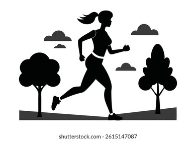 A black and white silhouette of a woman jogging outdoors in athletic clothes on a sunny day. With a focused expression and natural movement, set against a park or urban backdrop with trees and clear s