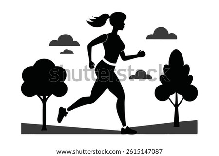 A black and white silhouette of a woman jogging outdoors in athletic clothes on a sunny day. With a focused expression and natural movement, set against a park or urban backdrop with trees and clear s