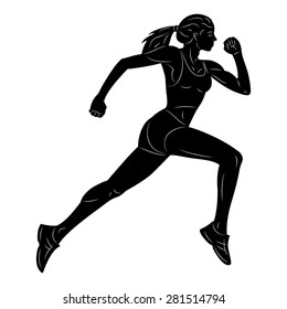 black and white silhouette woman runs, white background , isolated illustration