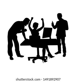 Black and white silhouette of a woman and two men who rejoice at the office table with a computer. Teamwork success concept, vector business clipart