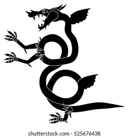Black - white silhouette wriggling Chinese dragon with wings, paws, claws and body of a serpent. Dragon standing on its hind legs.