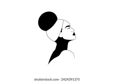 Black and white silhouette of young woman with afro style hair. Side view portrait of girl for print and logos designs. Vector illustration in line simple style