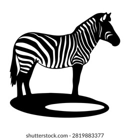 Black and white silhouette of a zebra with distinctive stripes, standing on a patch of ground, isolated on a white background.