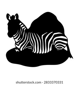 Black and white silhouette of a zebra lying on a rock, highlighting its distinctive striped pattern and relaxed posture in a natural setting.