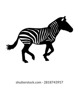 A black and white silhouette of a zebra in motion, showcasing its distinctive striped pattern and dynamic posture.