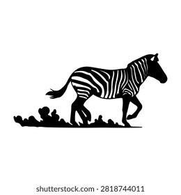 Black and white silhouette of a zebra running across grass, capturing the animals motion and natural environment in a minimalist style.
