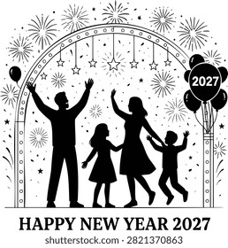 Black and white of silhouetted people dancing and raising arms in celebration of New Year 2027 with fireworks