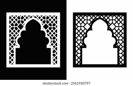 Black and white silhouettes of arched window, common in Islamic architecture. Perfect for Eid, Ramadan, or Moroccan-themed designs.