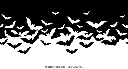 Black and white silhouettes of bats. Seamless horizontal pattern
