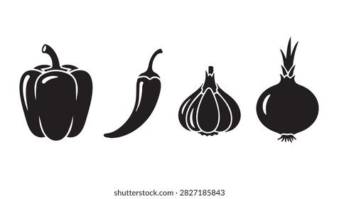 Black and white silhouettes of a bell pepper chili garlic and onion arranged in a row, highlighting diverse vegetable shapes and sizes for culinary or agricultural themes.