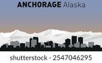 Black and white silhouettes of buildings on Anchorage skyline. Vector on a colored background.