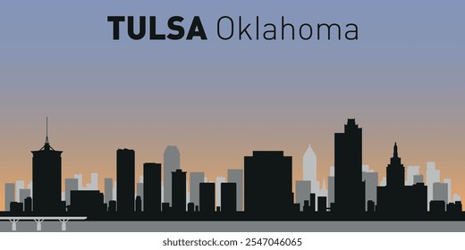 Silhuetas em preto e branco de edifícios no horizonte de Tulsa. Vetor em um fundo colorido.