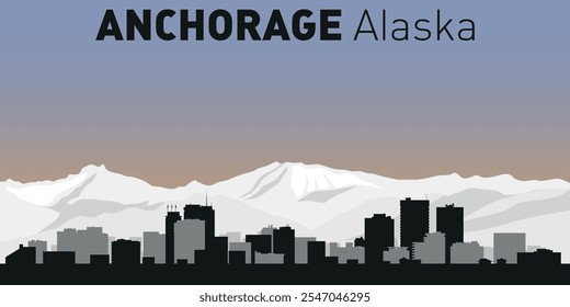 Black and white silhouettes of buildings on Anchorage skyline. Vector on a colored background.