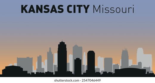  Schwarz-weiße Silhouetten von Gebäuden auf der Skyline von Kansas. Vektor auf buntem Hintergrund.