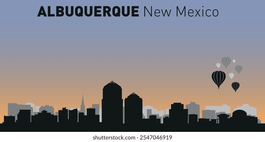 Black and white silhouettes of buildings on Albuquerque skyline. Vector on a colored background.