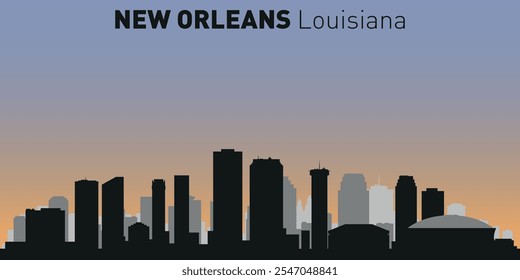 Black and white silhouettes of buildings on New Orleans skyline. Vector on a colored background.