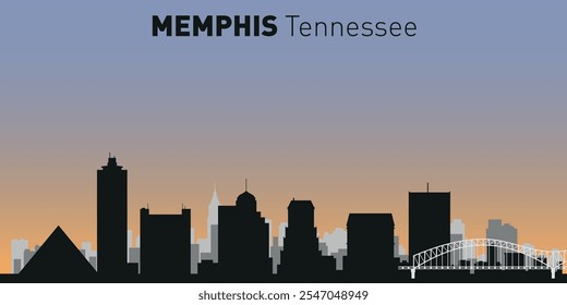 Siluetas en blanco y negro de edificios en el horizonte de Memphis. Vector sobre un fondo de color.