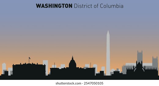 Silhuetas em preto e branco de edifícios no horizonte de Washington. Vetor em um fundo colorido.