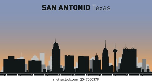 Siluetas en blanco y negro de edificios en el horizonte de San Antonio. Vector sobre un fondo de color.