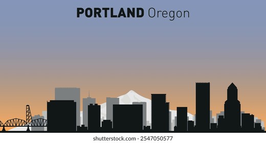 Siluetas en blanco y negro de edificios en el horizonte de Portland. Vector sobre un fondo de color.