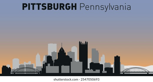 Black and white silhouettes of buildings on Pittsburgh skyline. Vector on a colored background.